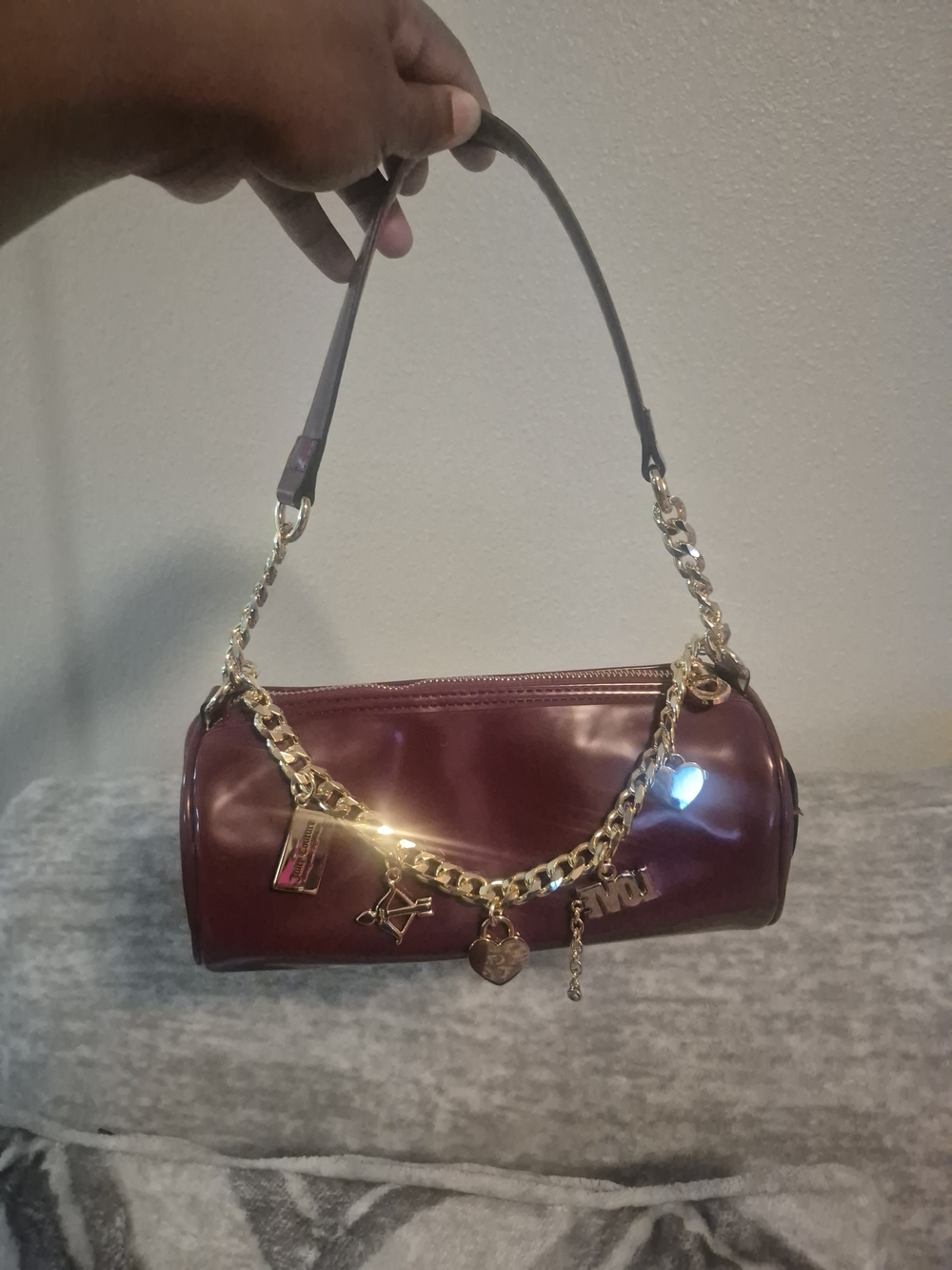 Juicy Couture Burgundy Patent Mini Bag with Gold Chain Charms